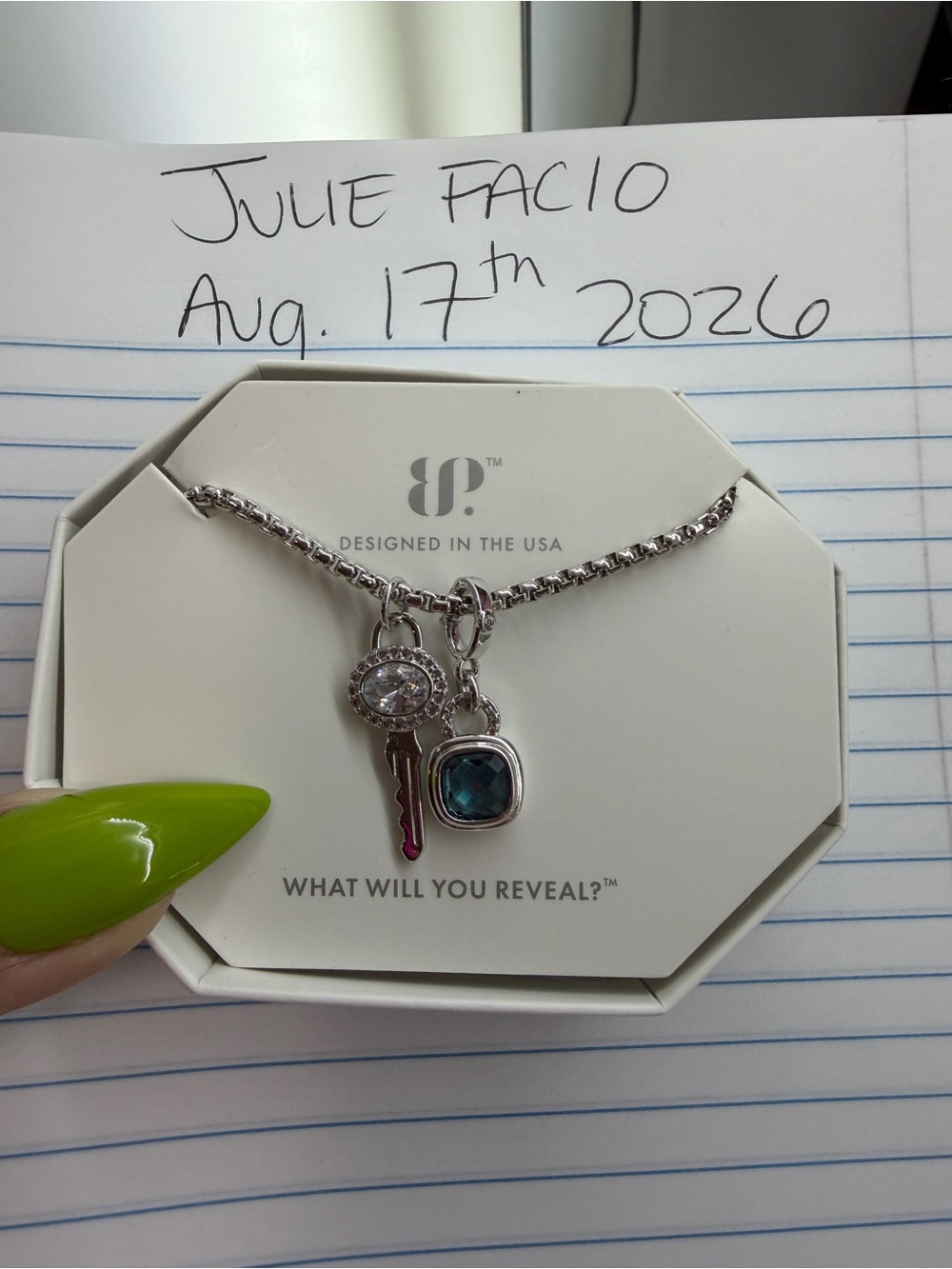BP LOCK AND KEY Silver Key and Blue Crystal Charm Necklace – Designed in USA